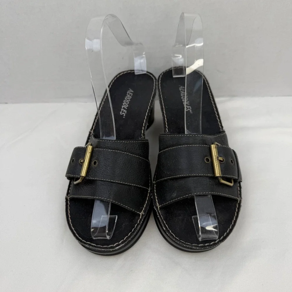 Vintage Y2K Aerosoles Black Leather Wedge Slide Sandals Buckle Detail Womens 6.5